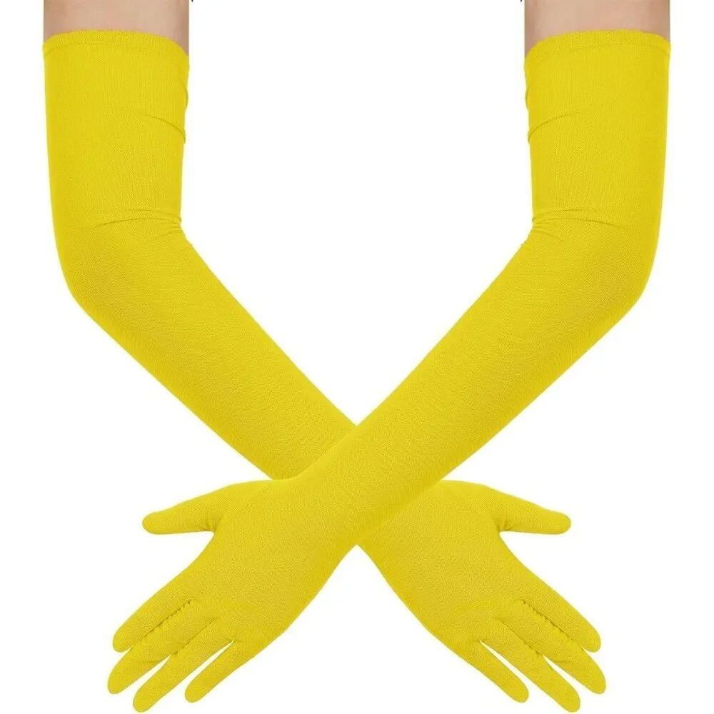 Women's Tulle Mesh Yellow Long Stretchy Gloves Halloween Party Wedding Costume